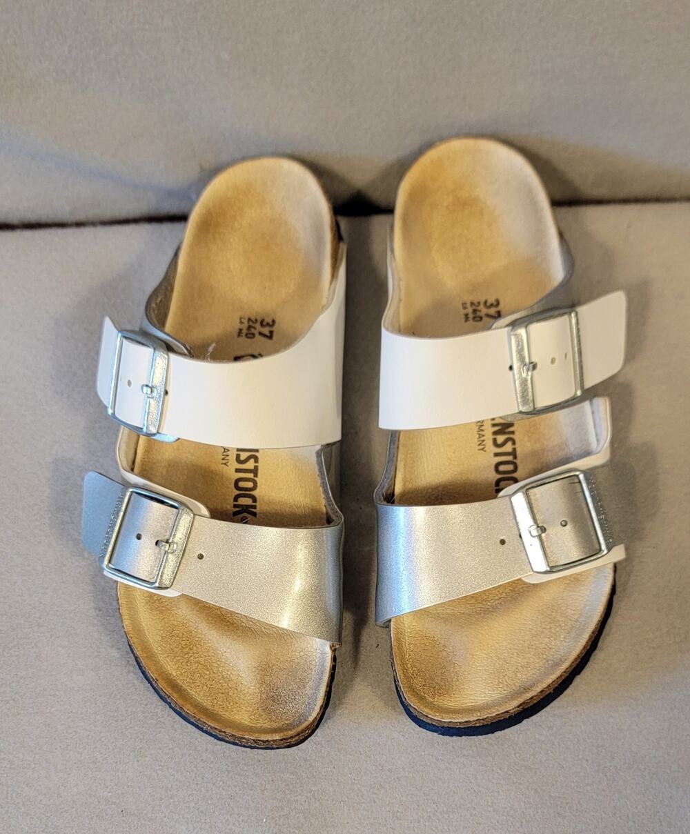 Birkenstock Arizona Split Birko-Flor White Silver Two Tone Sandals 37